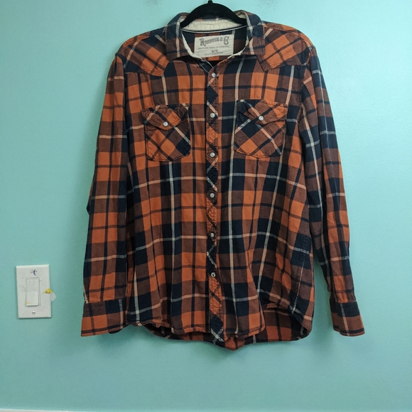 roebuck and Co Tops - Roebuck and Co Flannel Orange and Black Pearl Button Down Shirt Large